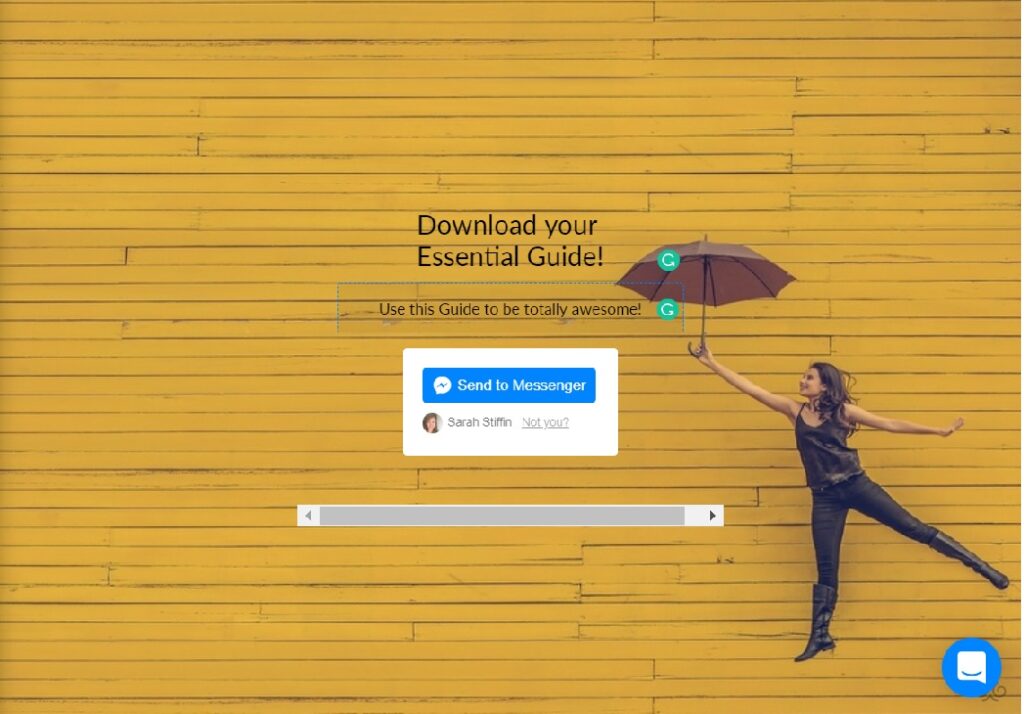 Example of ManyChat landing page with yellow brick wall and lady jumping with an open umbrella and call to action button saying Send to Messenger