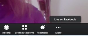 Bottom bar on Zoom showing to select More then Live on Facebook