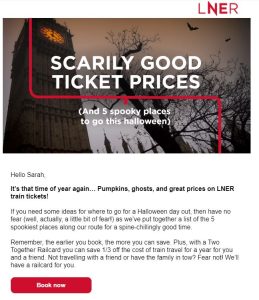 Example of LNER Halloween-styled email