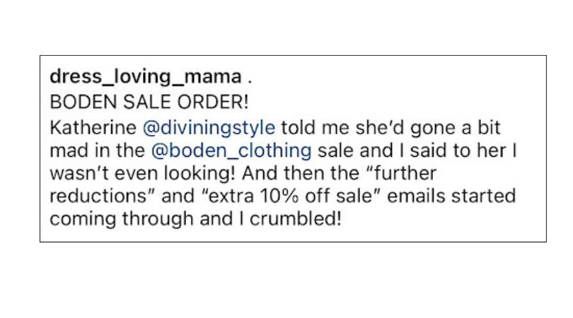 Quote from Instagram about how she crumbled when more emails arrived about a sale